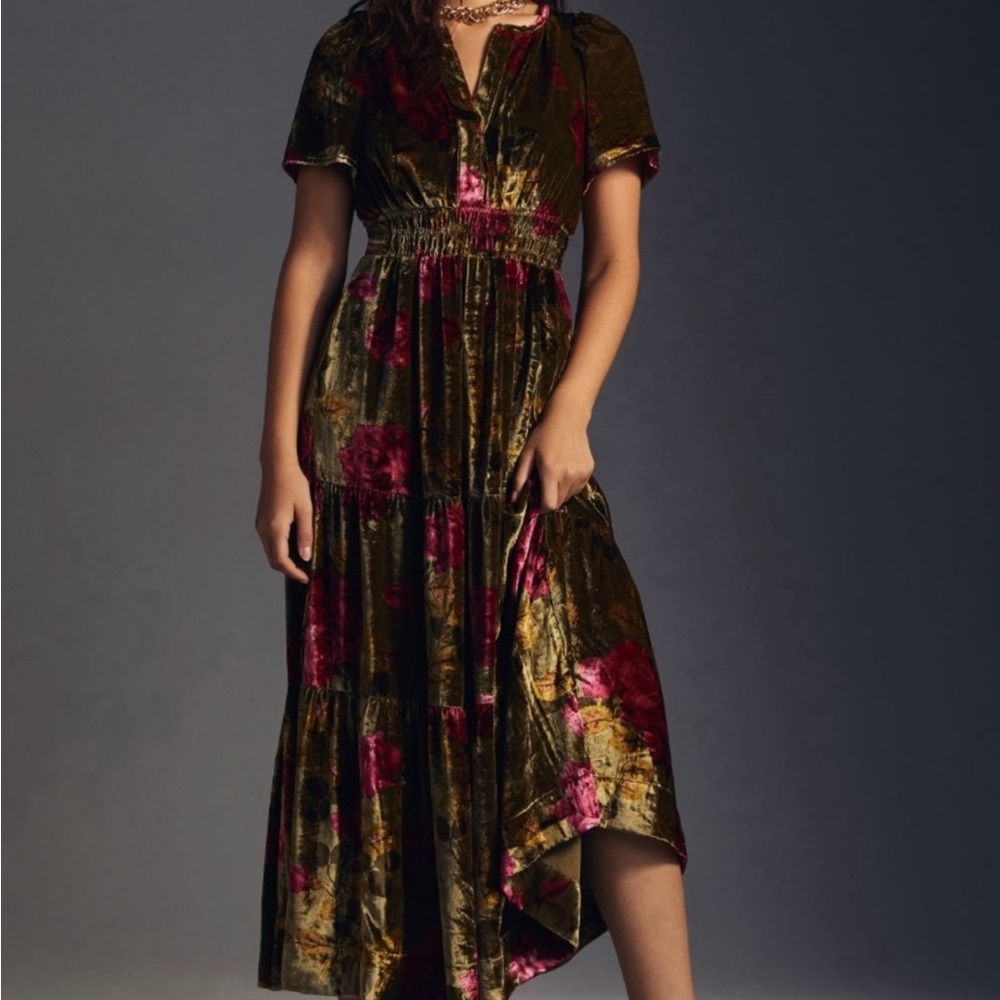Anthropologie Somerset Green and Pink Floral Velvet Maxi Dress with Pockets